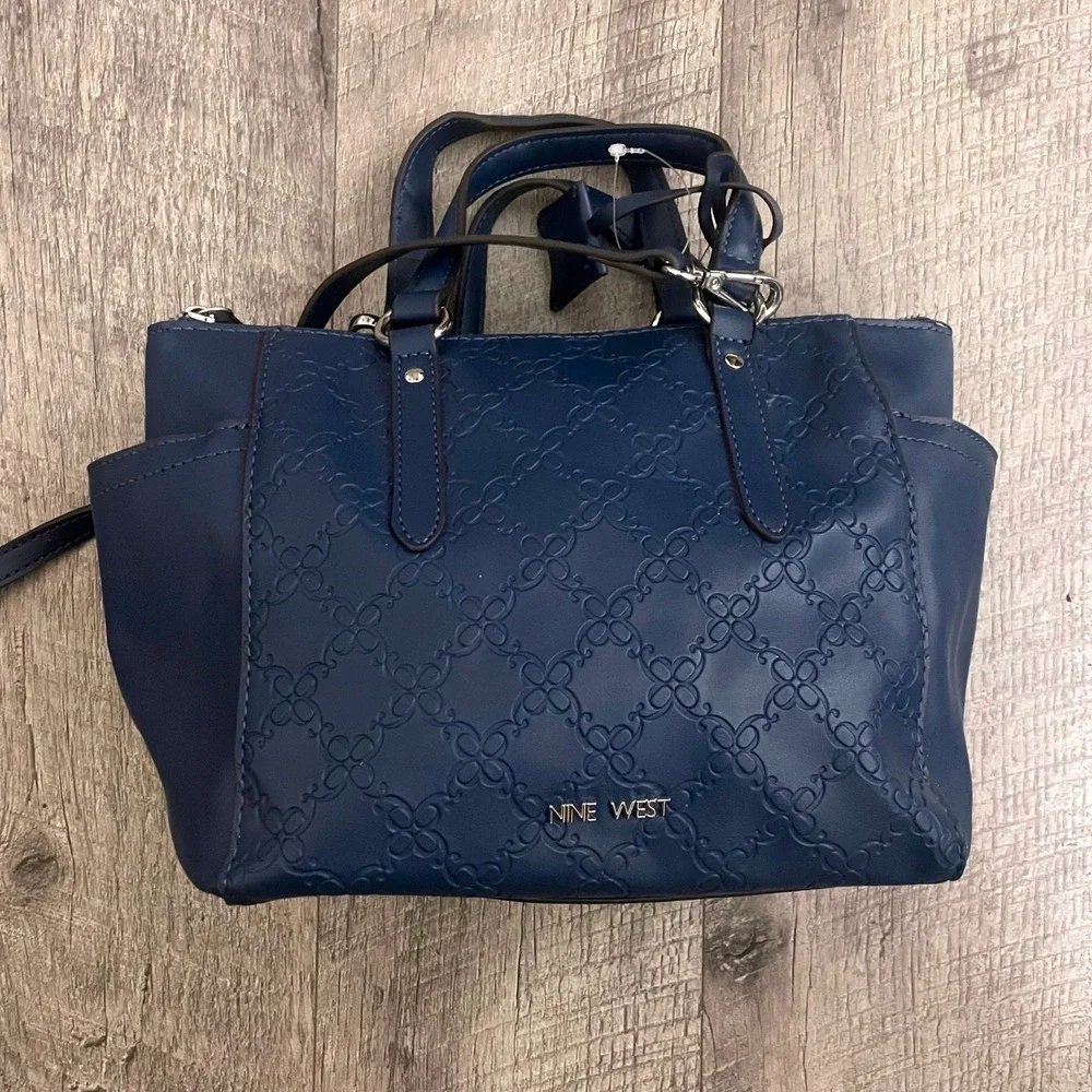 Nine West Navy Blue Embossed Logo Satchel‎ Crossbody Bag Silver Hardware